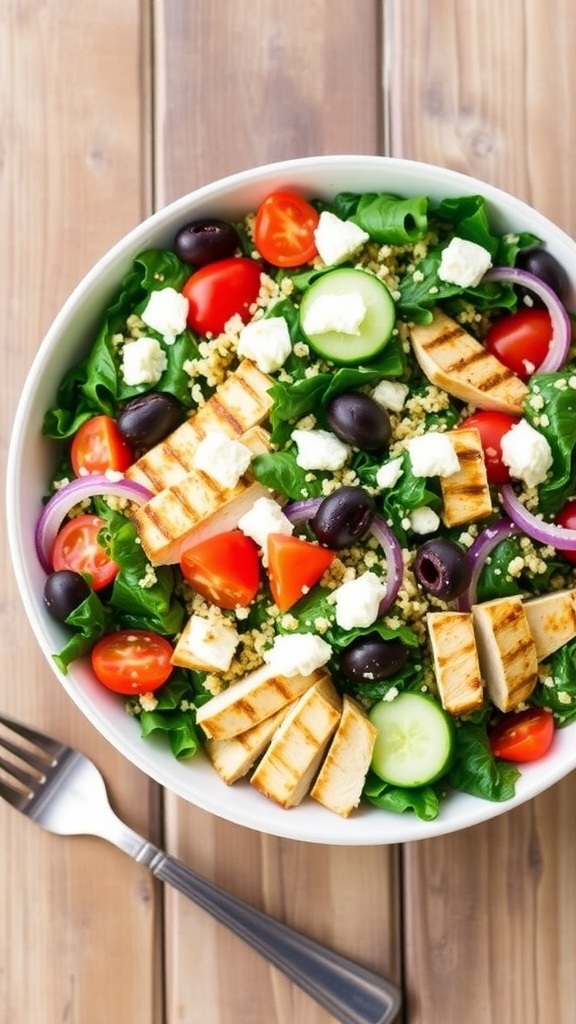 A colorful Greek kale salad with quinoa, grilled chicken, tomatoes, cucumbers, feta, and olives in a bowl on a wooden table.